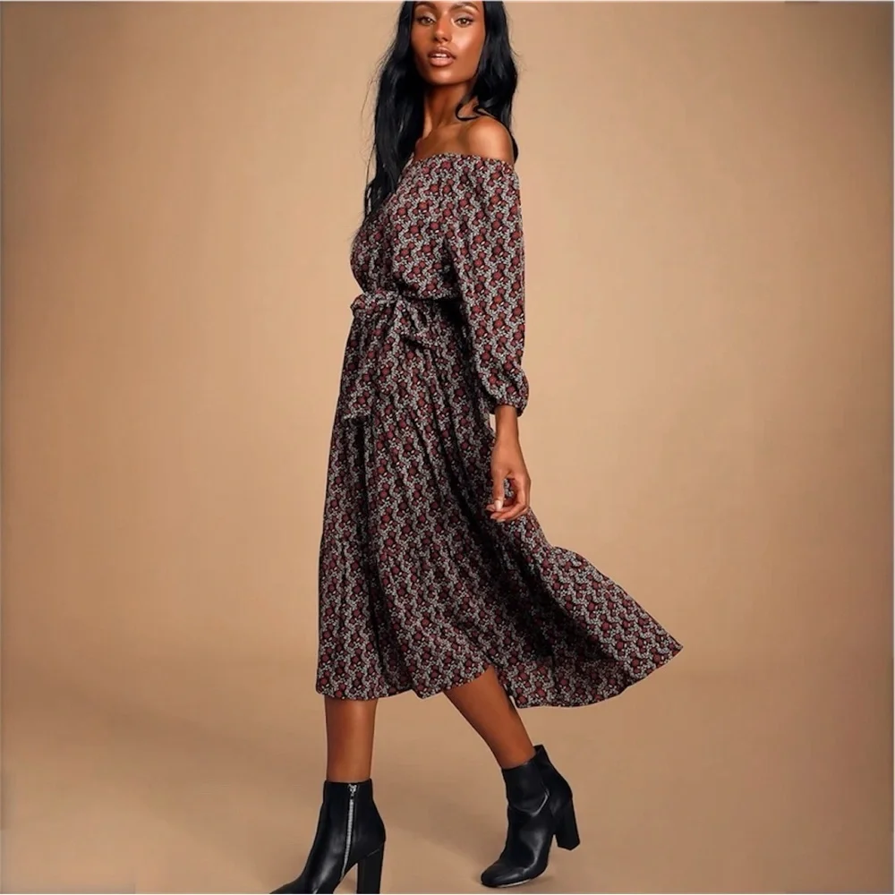 Lulus Off Shoulder Floral Midi Dress Boho Cottagecore Long Sleeve S - Picture 17 of 17